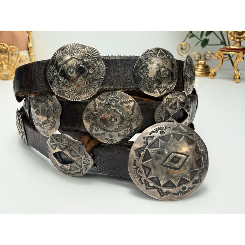 Vintage Native American Sterling Concho Belt Signed Hand Stamped Leather Long - Picture 10 of 16